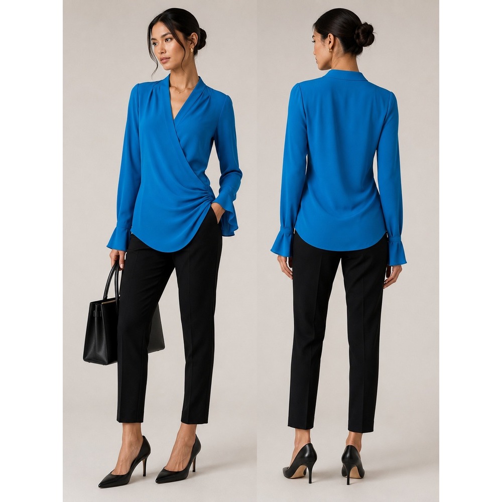 Trouve Wrap Blouse XS Blue Chiffon Long Sleeve V-Neck Ruched Sheer Office Siren
